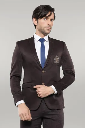 2 Buttons 3 Pockets Crested Cotton Brown Jacket