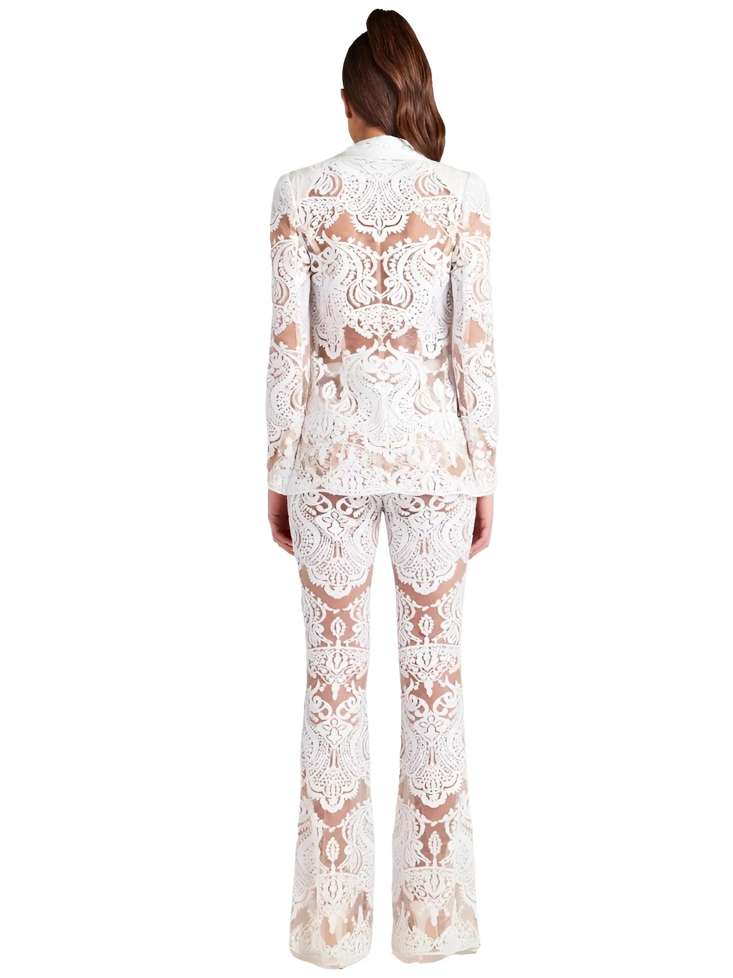 2025 Designer Runway Suit Set Women's Single Button Lace Sequined Blazer Pants Suit