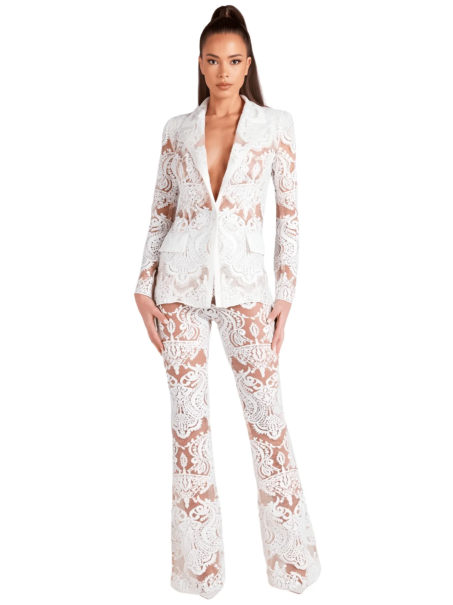 2025 Designer Runway Suit Set Women's Single Button Lace Sequined Blazer Pants Suit