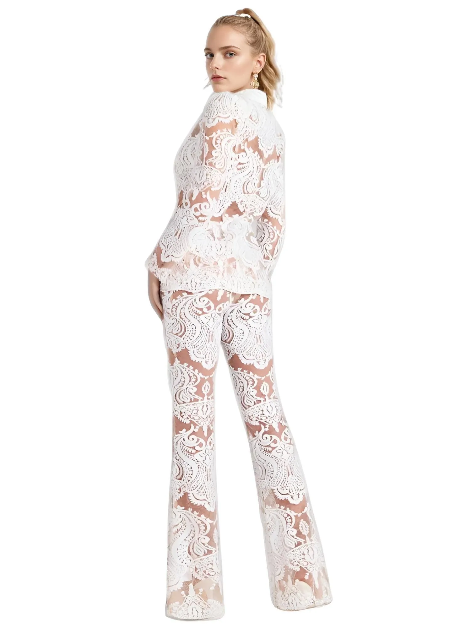 2025 Designer Runway Suit Set Women's Single Button Lace Sequined Blazer Pants Suit