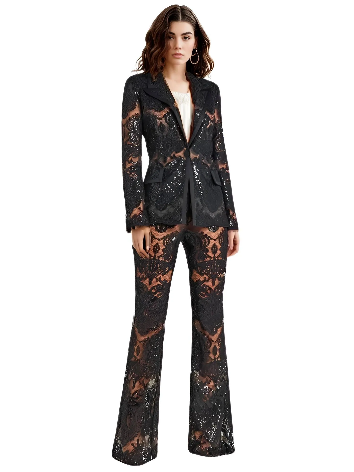2025 Designer Runway Suit Set Women's Single Button Lace Sequined Blazer Pants Suit