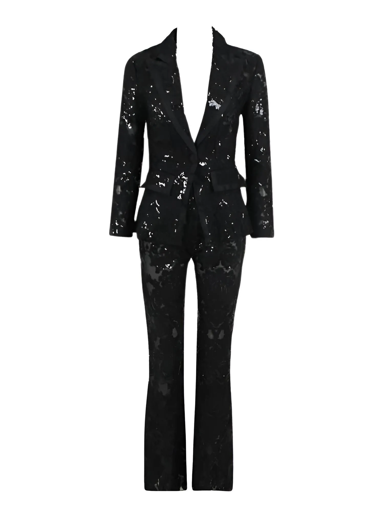 2025 Designer Runway Suit Set Women's Single Button Lace Sequined Blazer Pants Suit
