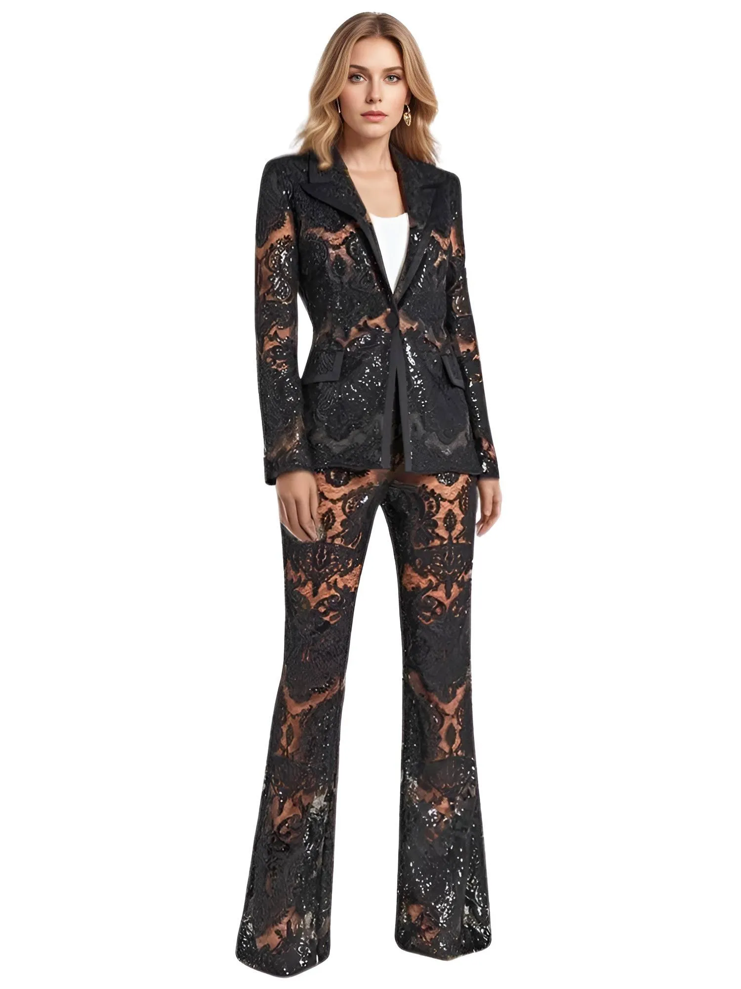 2025 Designer Runway Suit Set Women's Single Button Lace Sequined Blazer Pants Suit