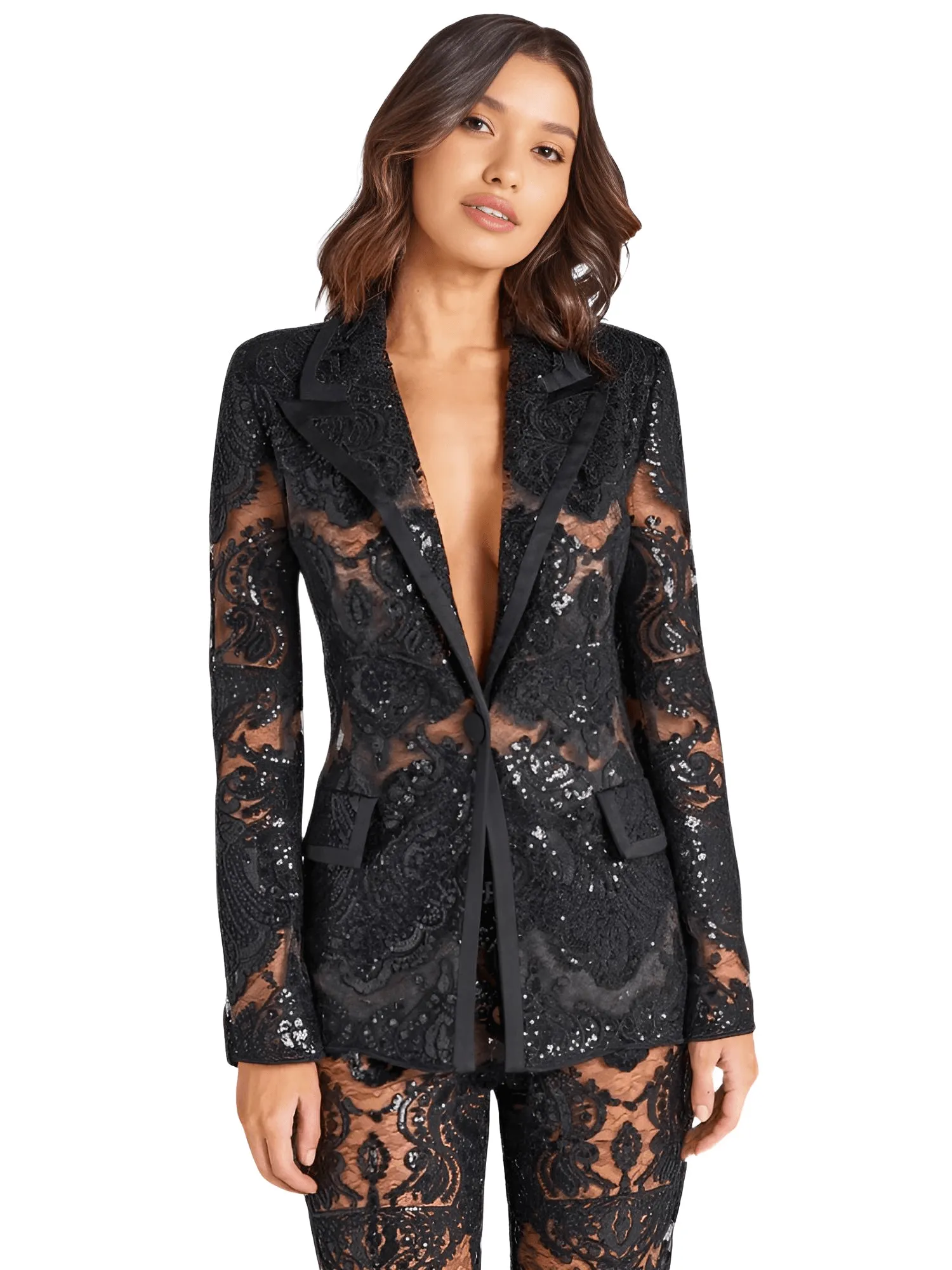 2025 Designer Runway Suit Set Women's Single Button Lace Sequined Blazer Pants Suit