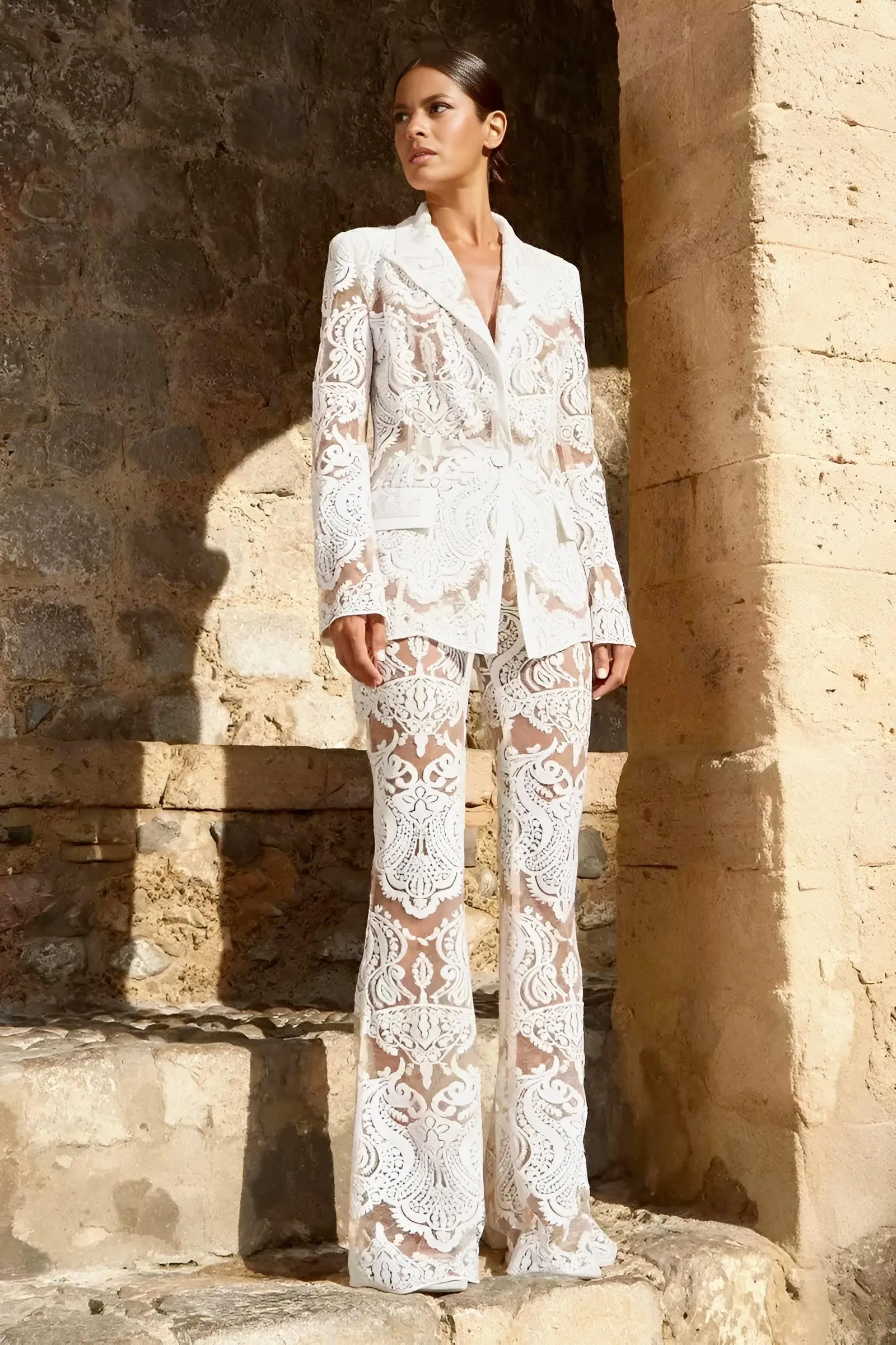 2025 Designer Runway Suit Set Women's Single Button Lace Sequined Blazer Pants Suit