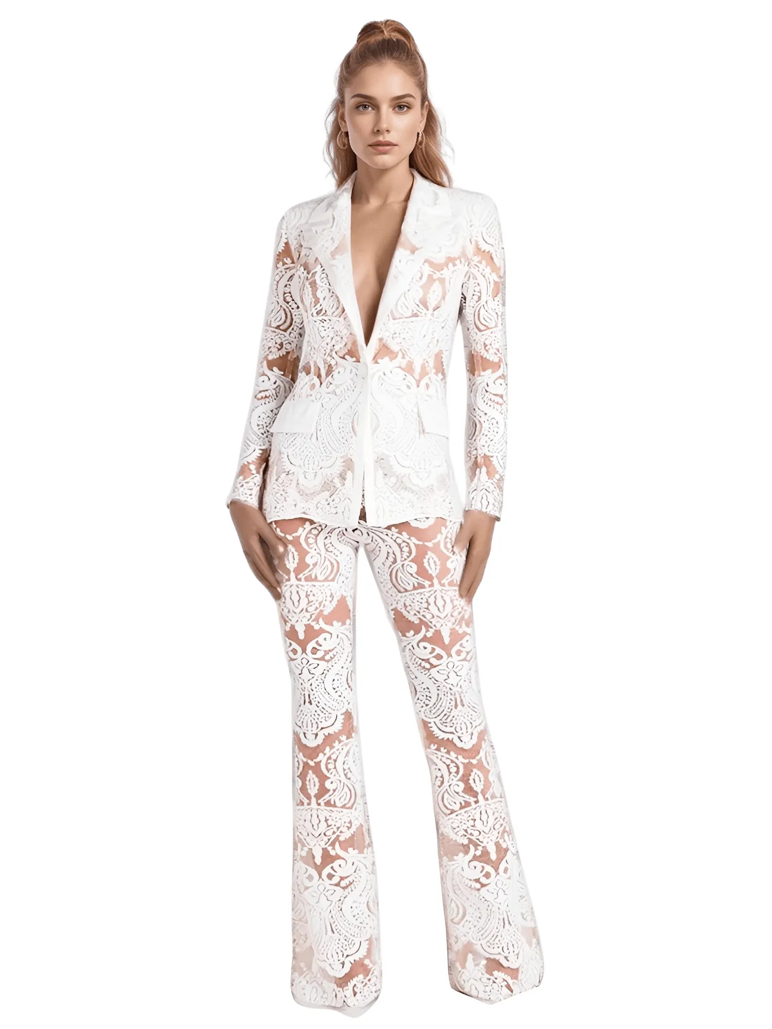 2025 Designer Runway Suit Set Women's Single Button Lace Sequined Blazer Pants Suit