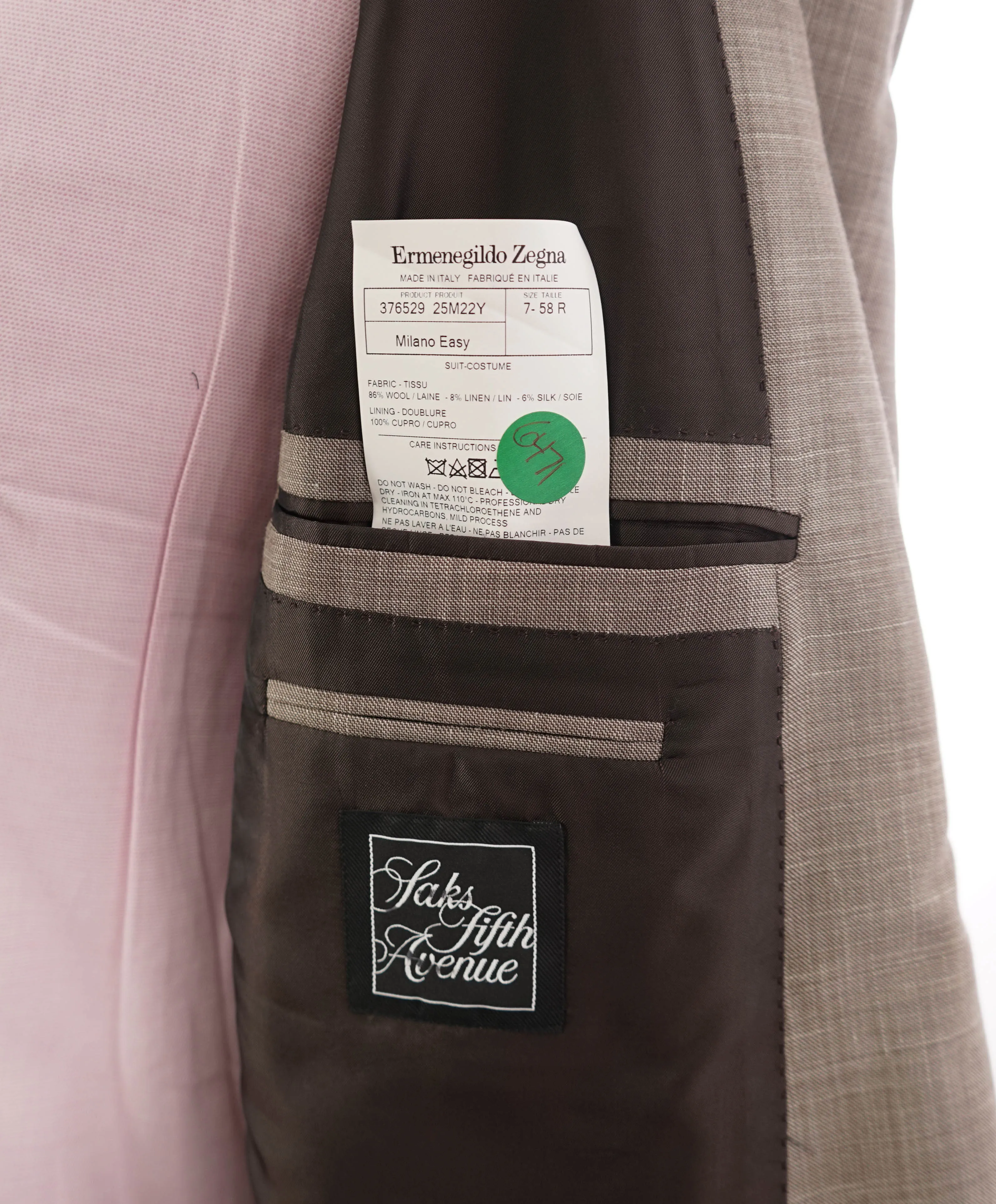 $3,290 ERMENEGILDO ZEGNA- “TORFEO SUMMER” Taupe W/SLK/L Blazer- 48R