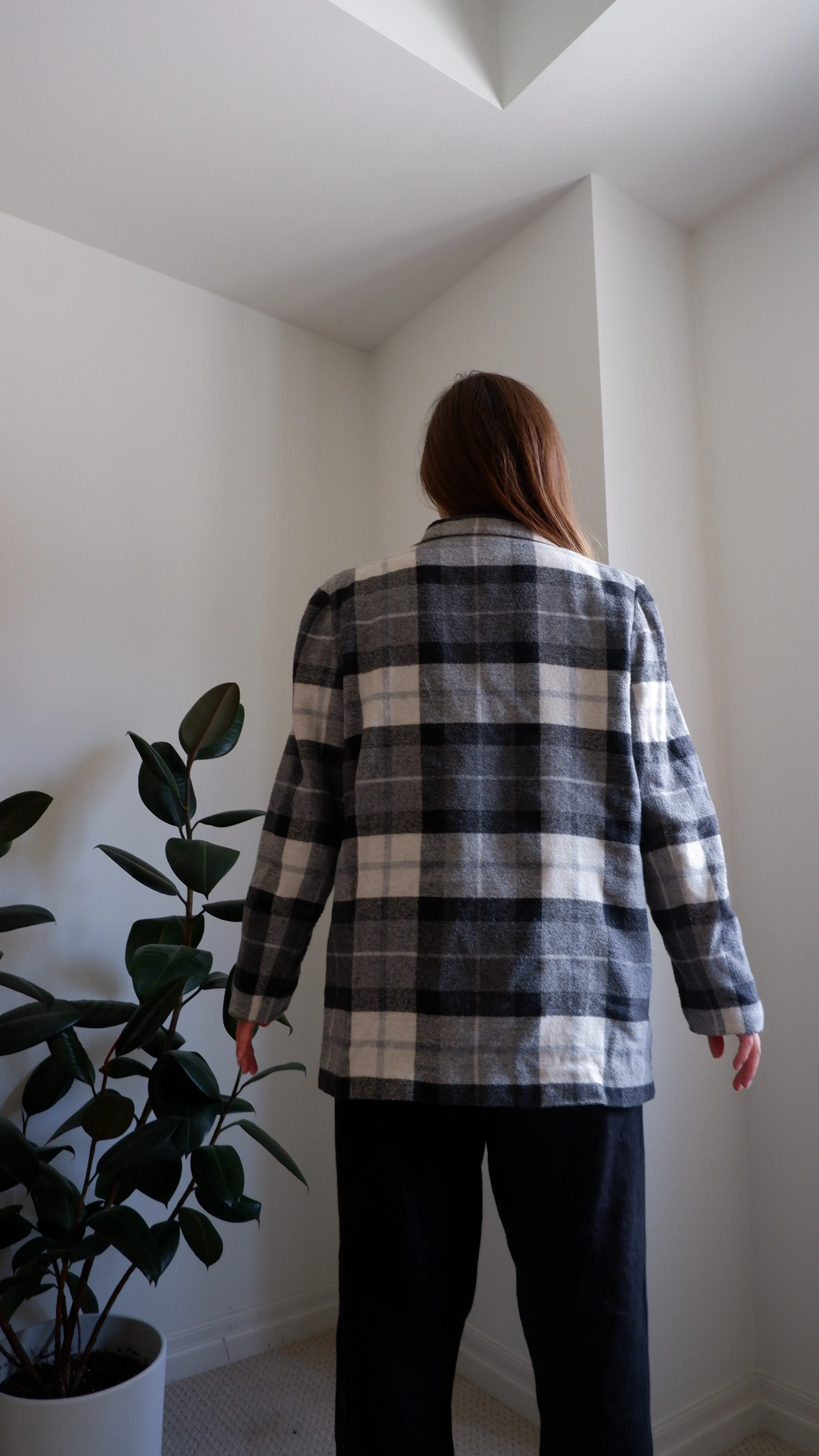 90s Grey Plaid Longline Blazer - L
