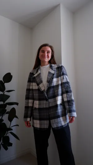 90s Grey Plaid Longline Blazer - L