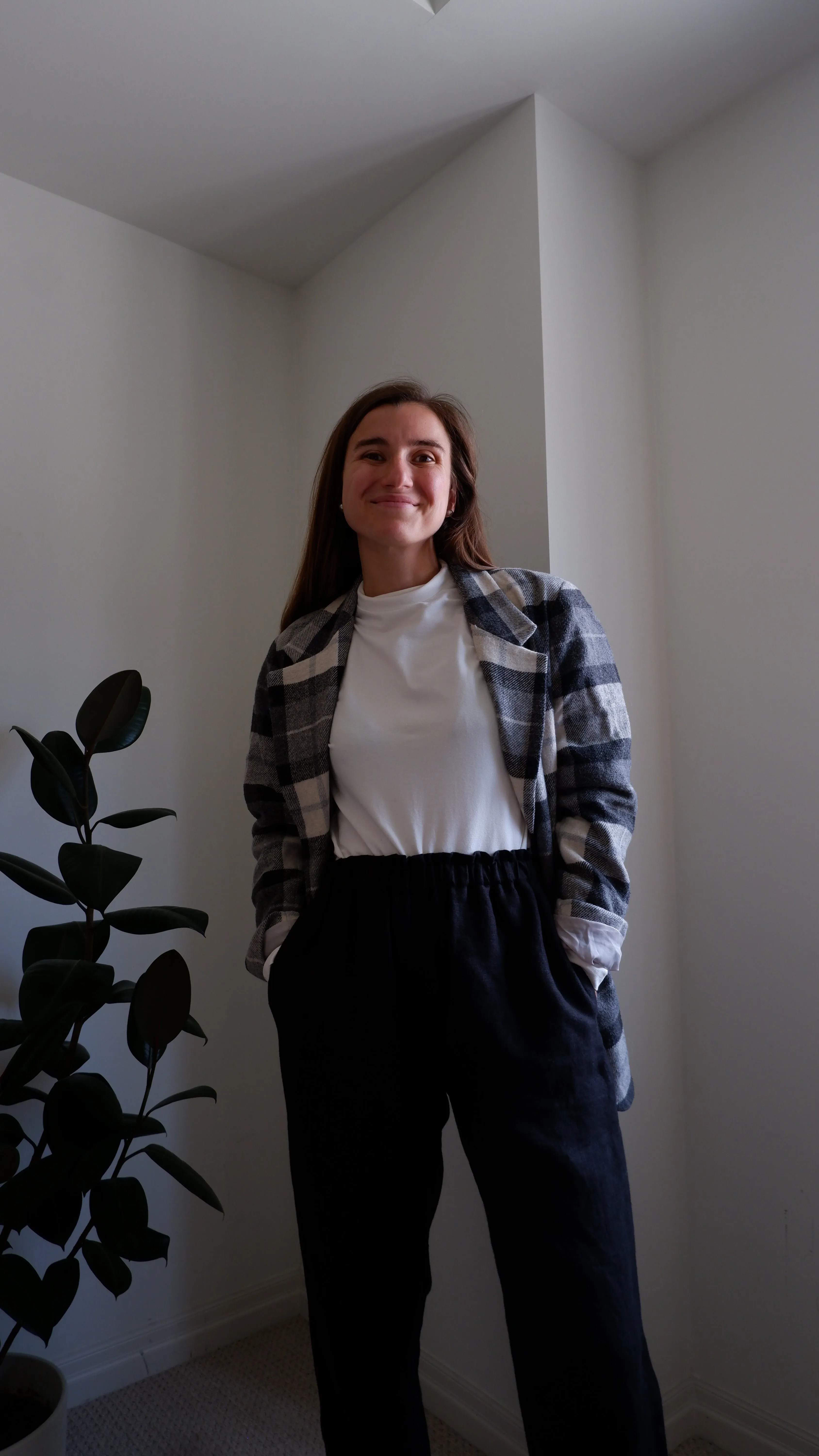 90s Grey Plaid Longline Blazer - L