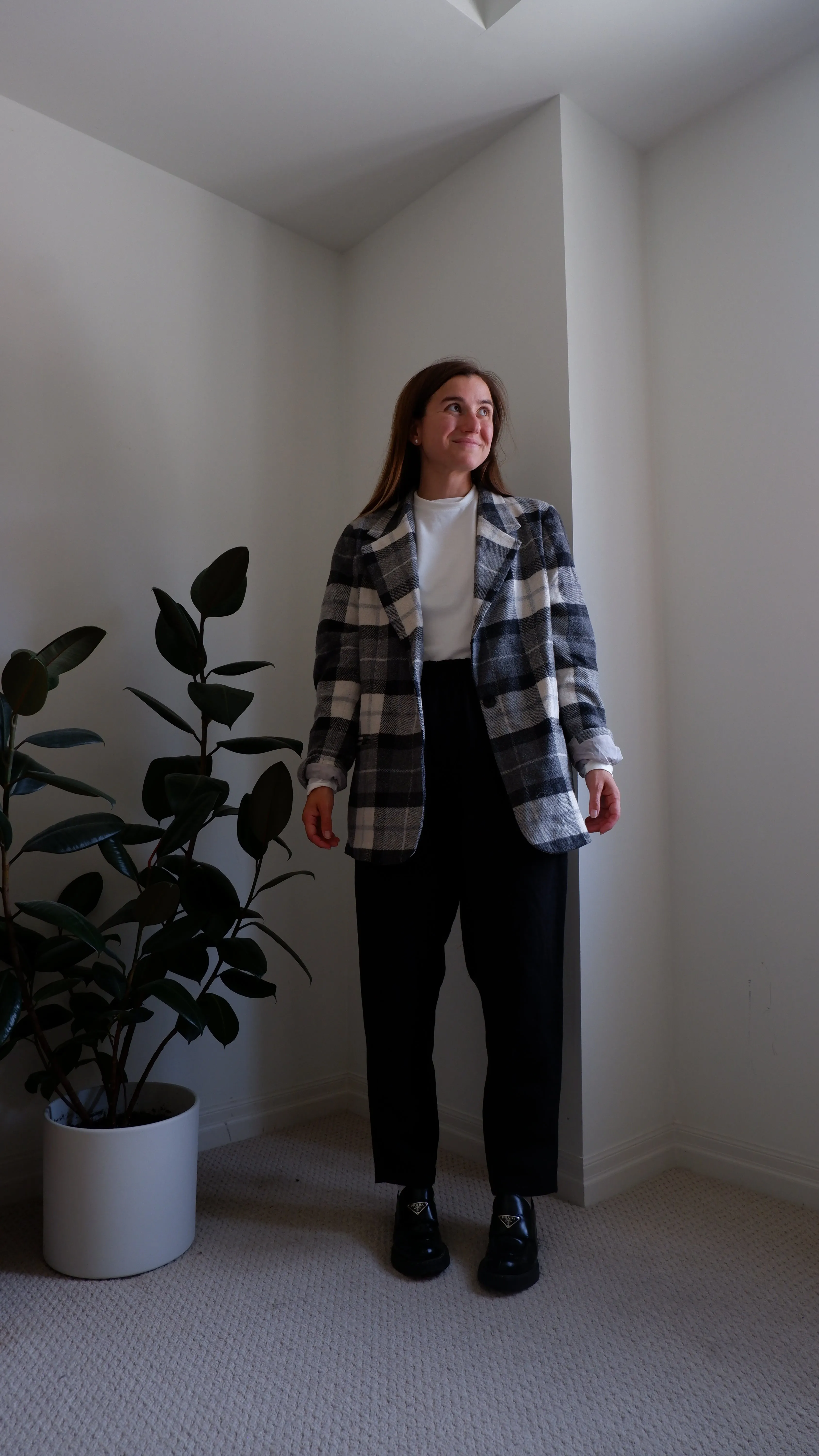 90s Grey Plaid Longline Blazer - L