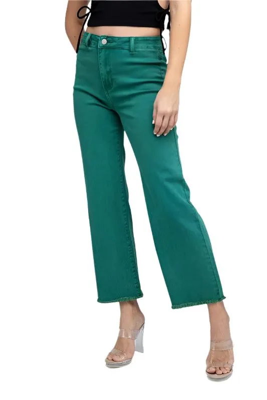 Acid Wash Frayed Cutoff Hem Straight Wide Pants