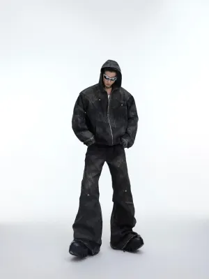 Aged Hooded Denim Jacket Set | Metal Embellished Distressed Jeans