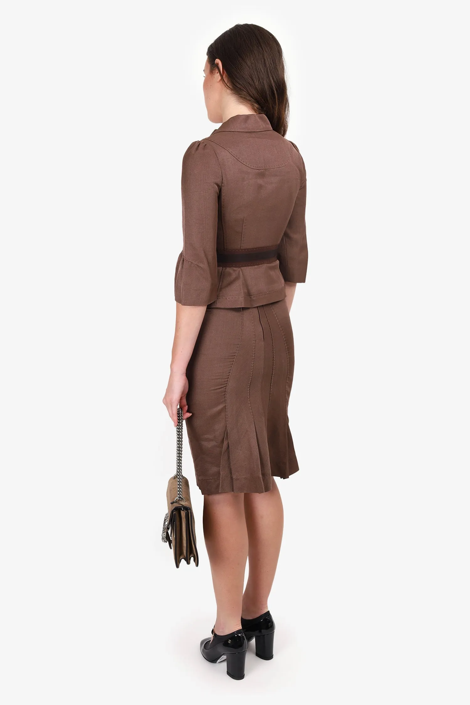 Alberta Ferretti Brown Pleated 3/4 Sleeve Jacket   Midi Skirt Size 2 Set