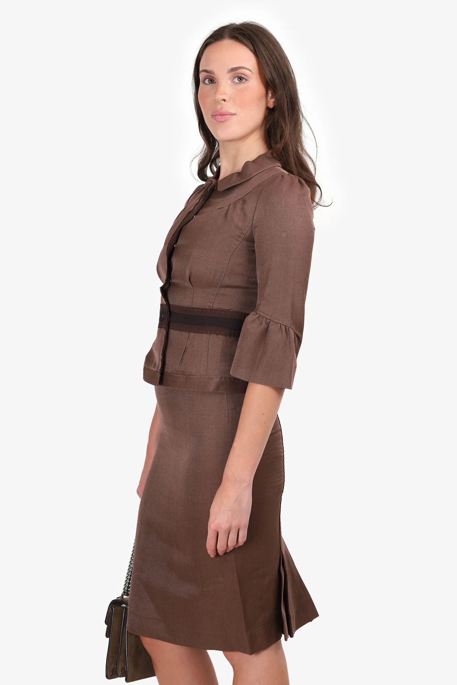 Alberta Ferretti Brown Pleated 3/4 Sleeve Jacket   Midi Skirt Size 2 Set