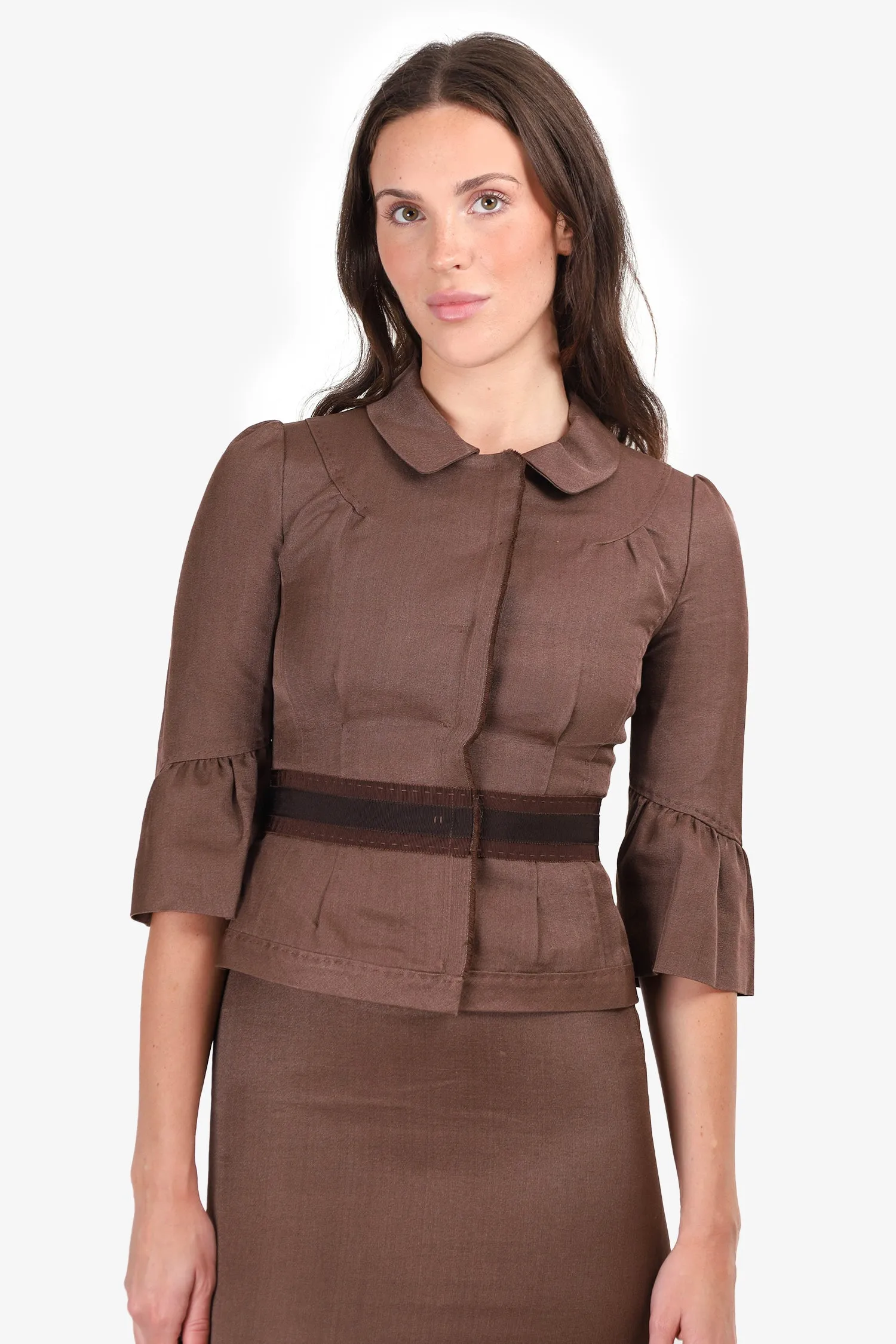 Alberta Ferretti Brown Pleated 3/4 Sleeve Jacket   Midi Skirt Size 2 Set