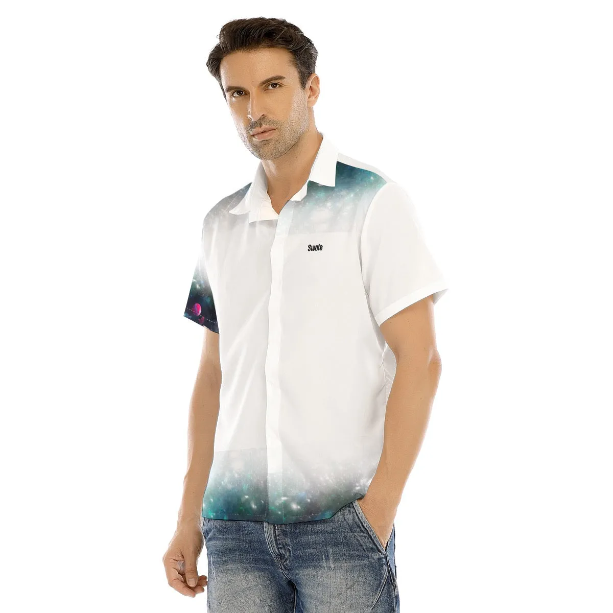 All-Over Print Men's Lapel Collar Short Sleeve T-shirt With Concealed Placket  Beastzone 123 alien priint
