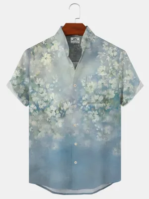 Alohadaddy Gradient Plant Flower Button Pocket Casual Short Sleeve Shirt