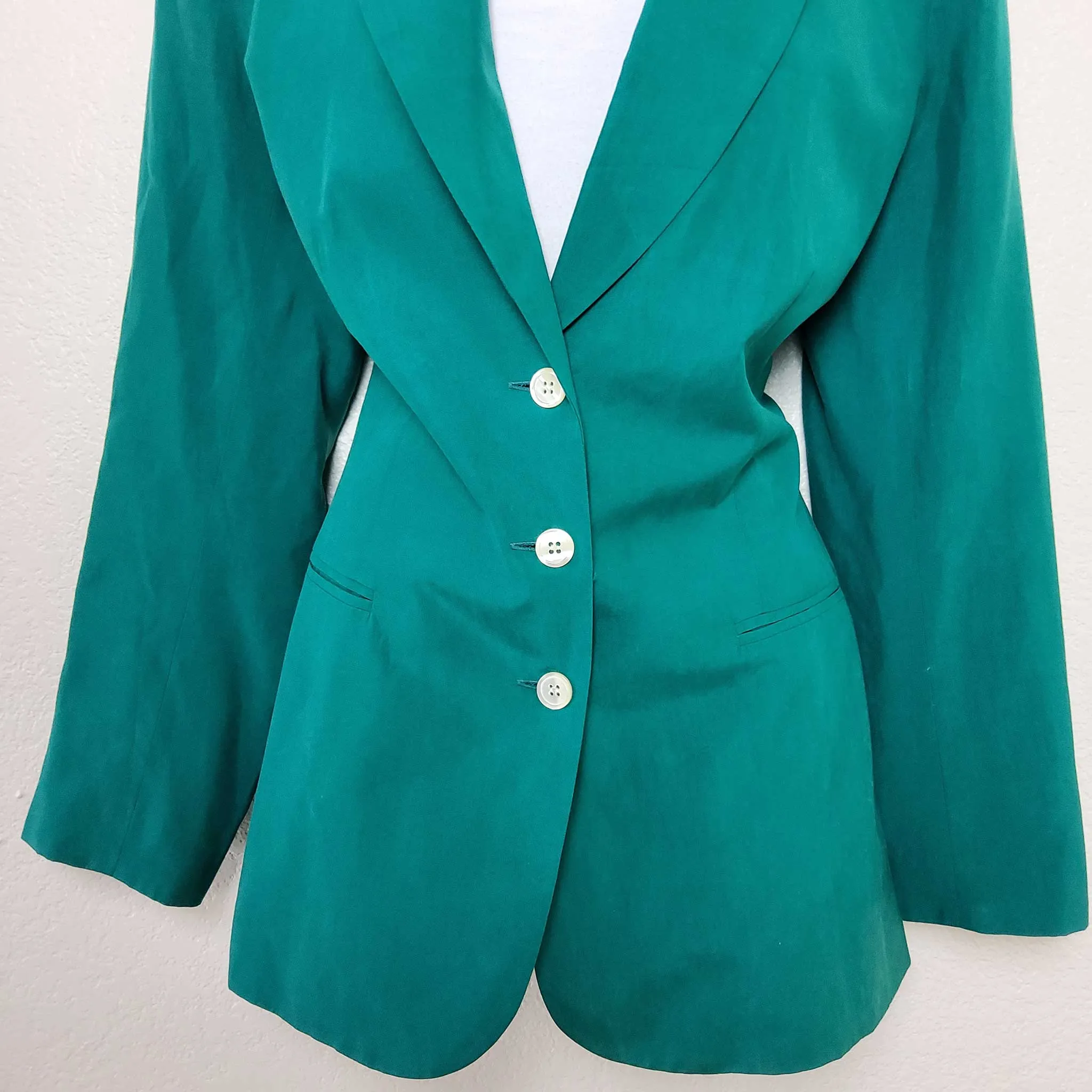 Amelia Austin Green Silk 3-Button Blazer, Women's Size 14