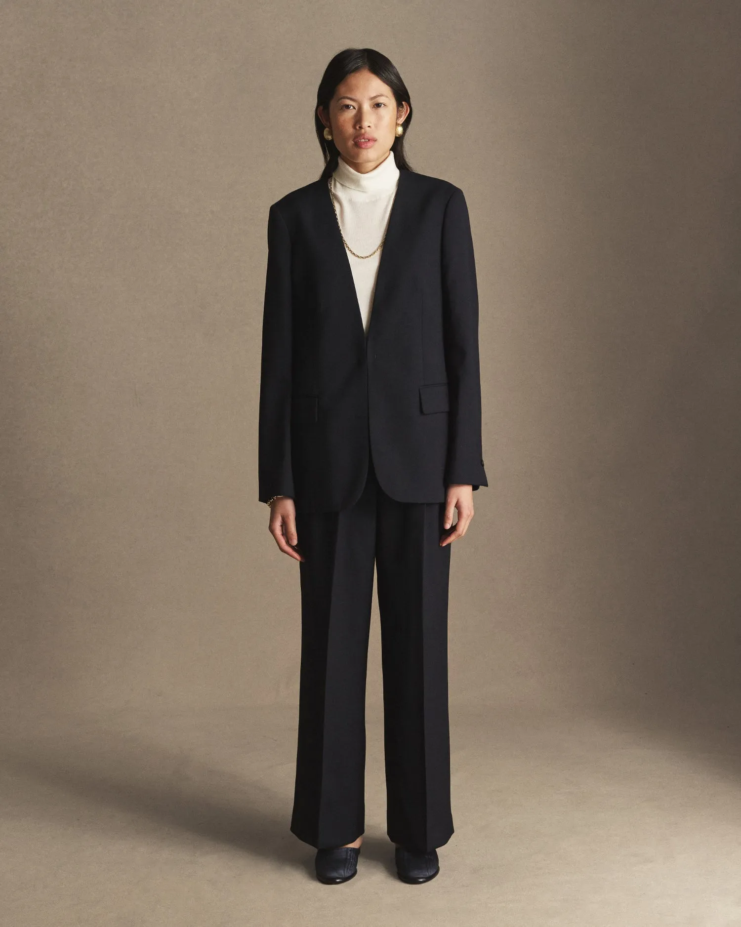 Annie Collarless Blazer - Navy Wool Twill