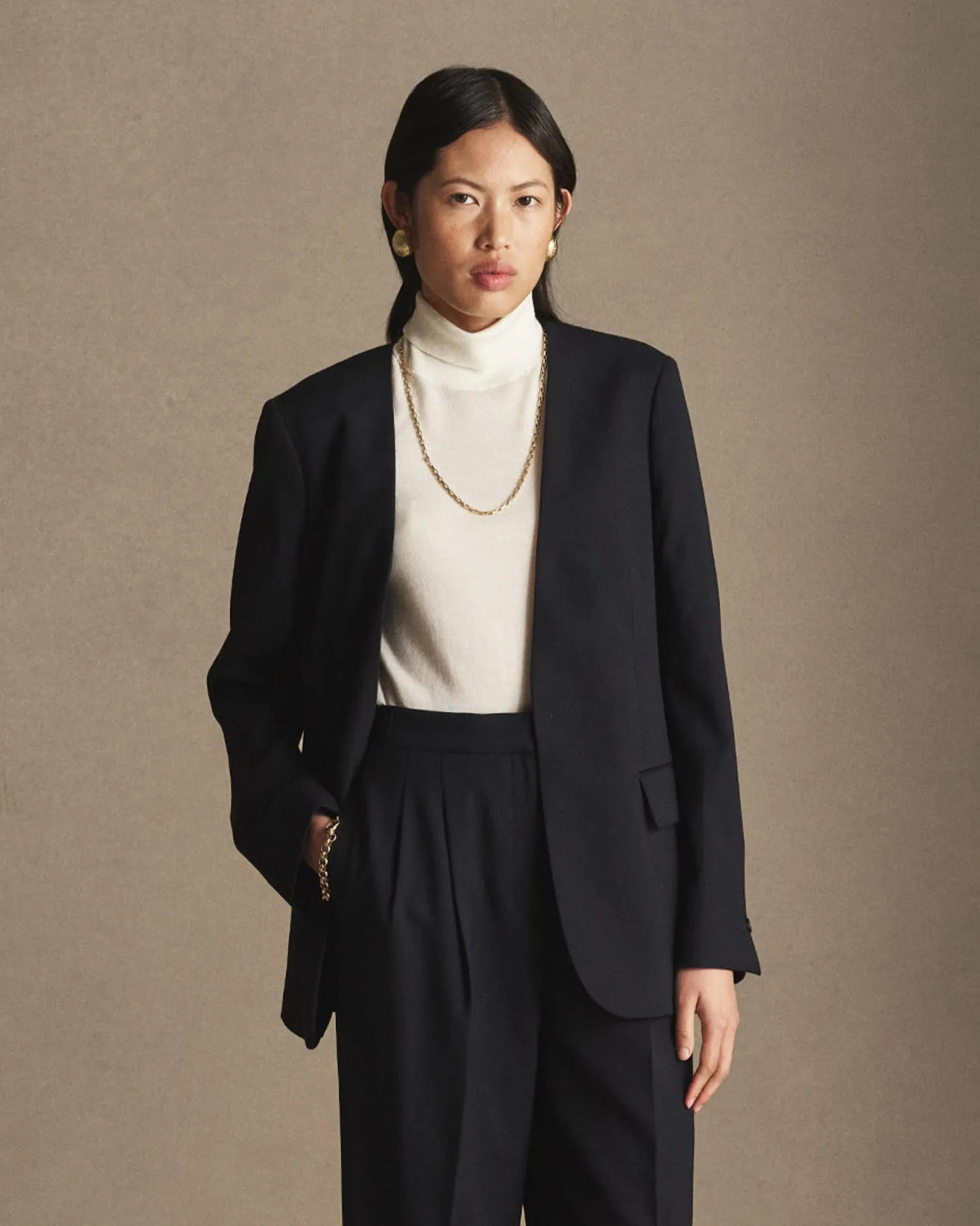 Annie Collarless Blazer - Navy Wool Twill