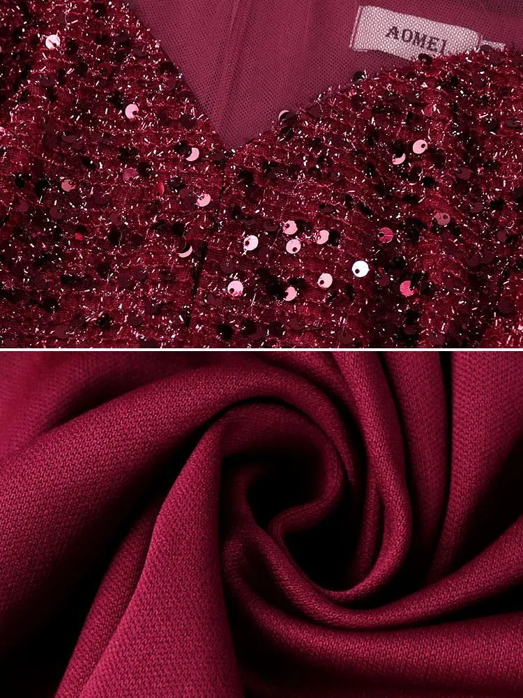AOMEIDRESS Long Sleeve Sequin Red Sexy Birthday Dress