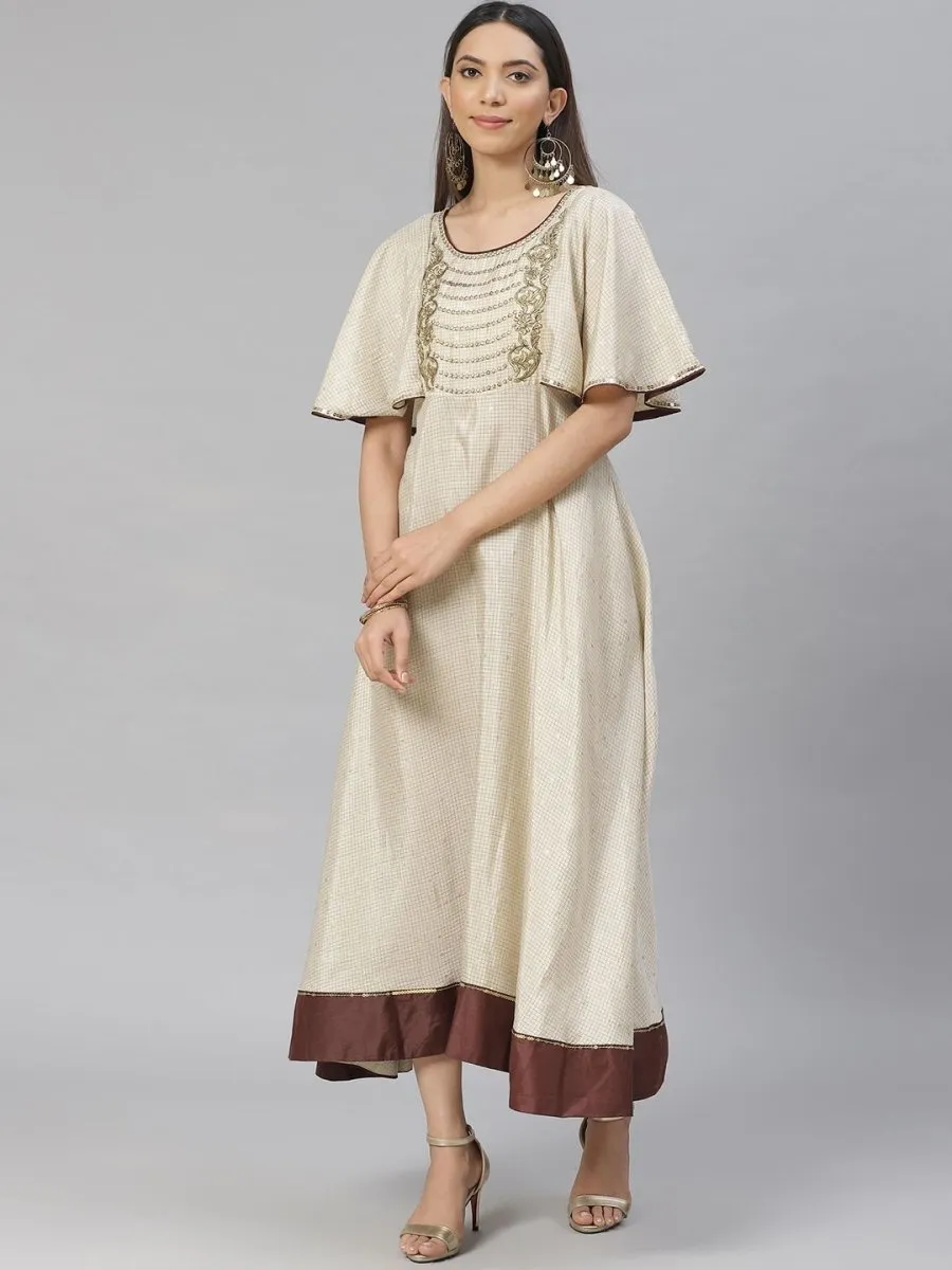 AURELIA Women Off-White & Golden Checked A-Line Dress