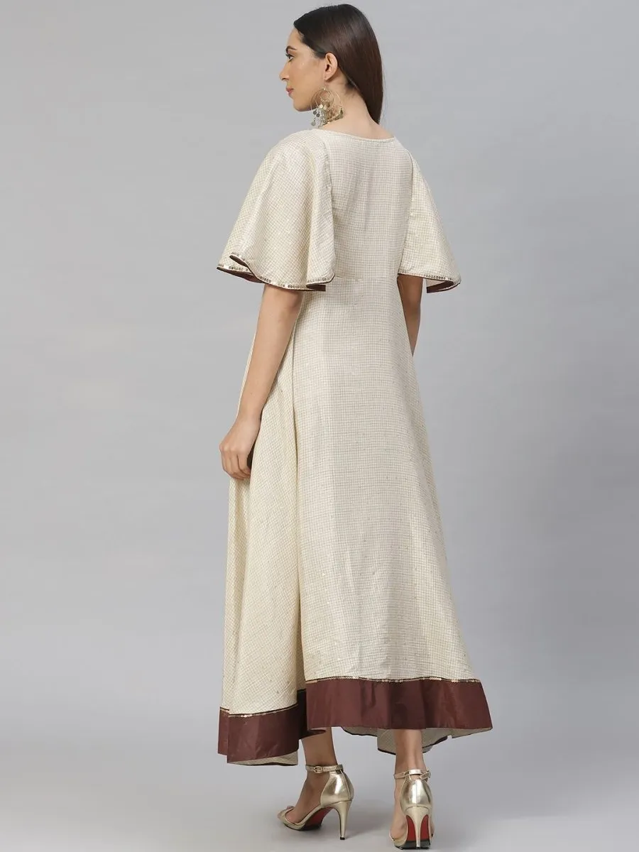 AURELIA Women Off-White & Golden Checked A-Line Dress