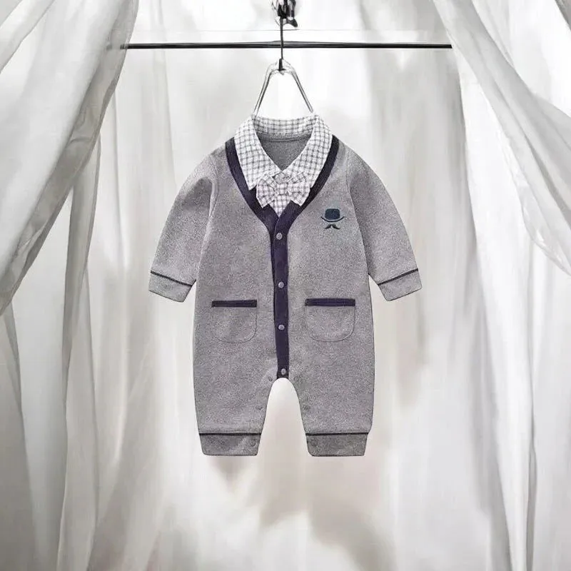 Baby Boy One-Piece Cotton Long Gray Gentleman Jumpsuit