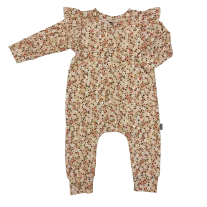 Baby Jumpsuit Rib Mini Bloemen Beige met Ruffles