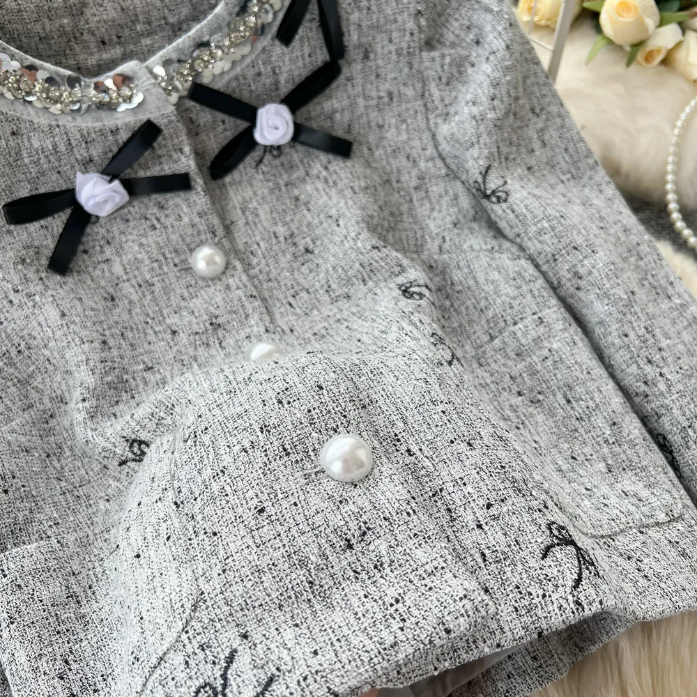 Beaded Bow Blazer&Skirt Elegant 2Pcs