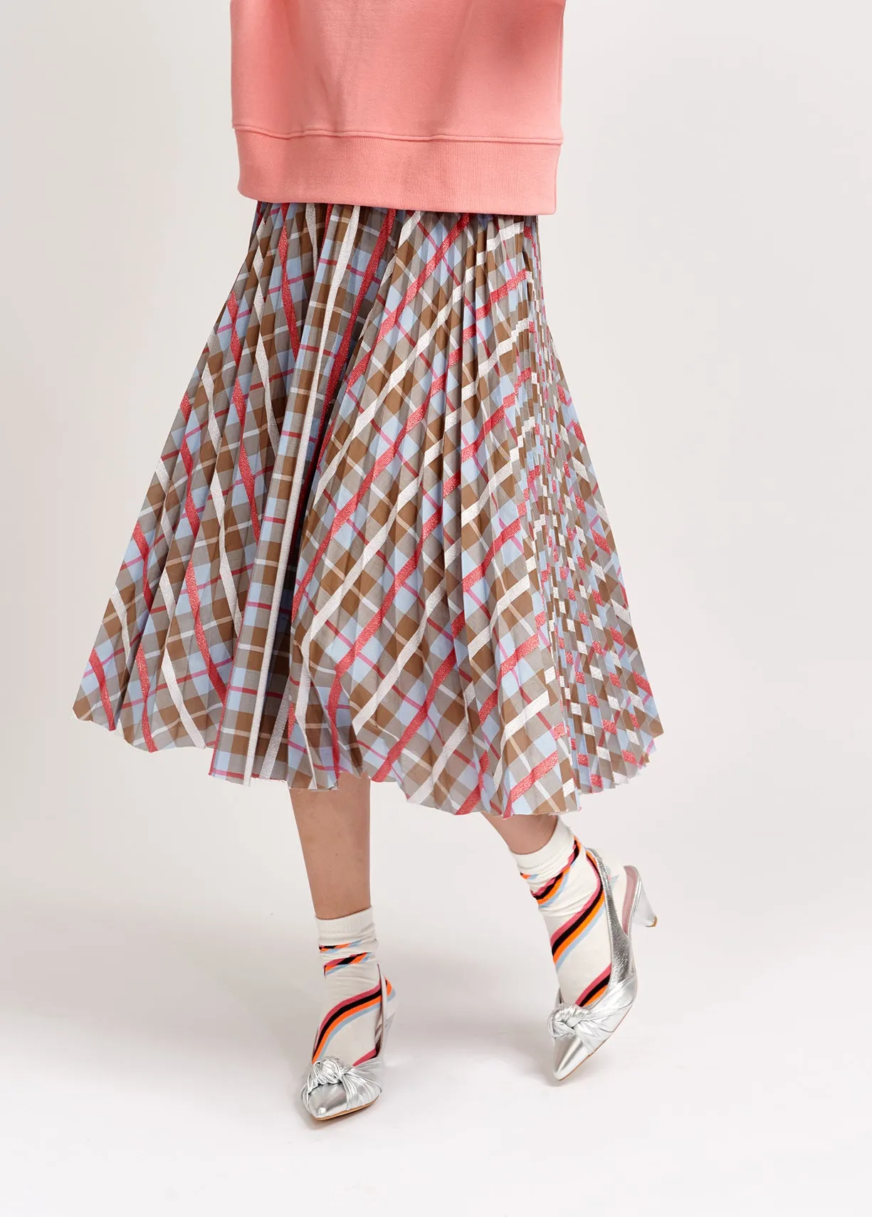 Beige and blue plaid cotton-blend pleated skirt
