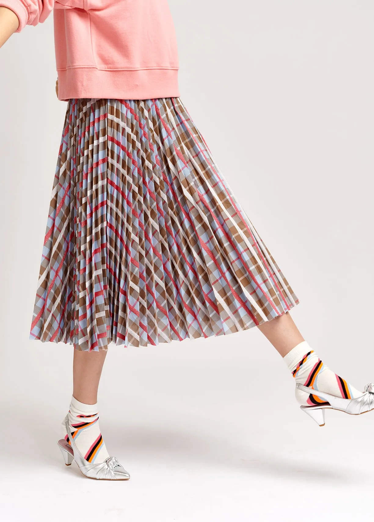 Beige and blue plaid cotton-blend pleated skirt
