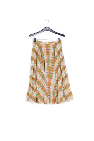 Beige and blue plaid cotton-blend pleated skirt