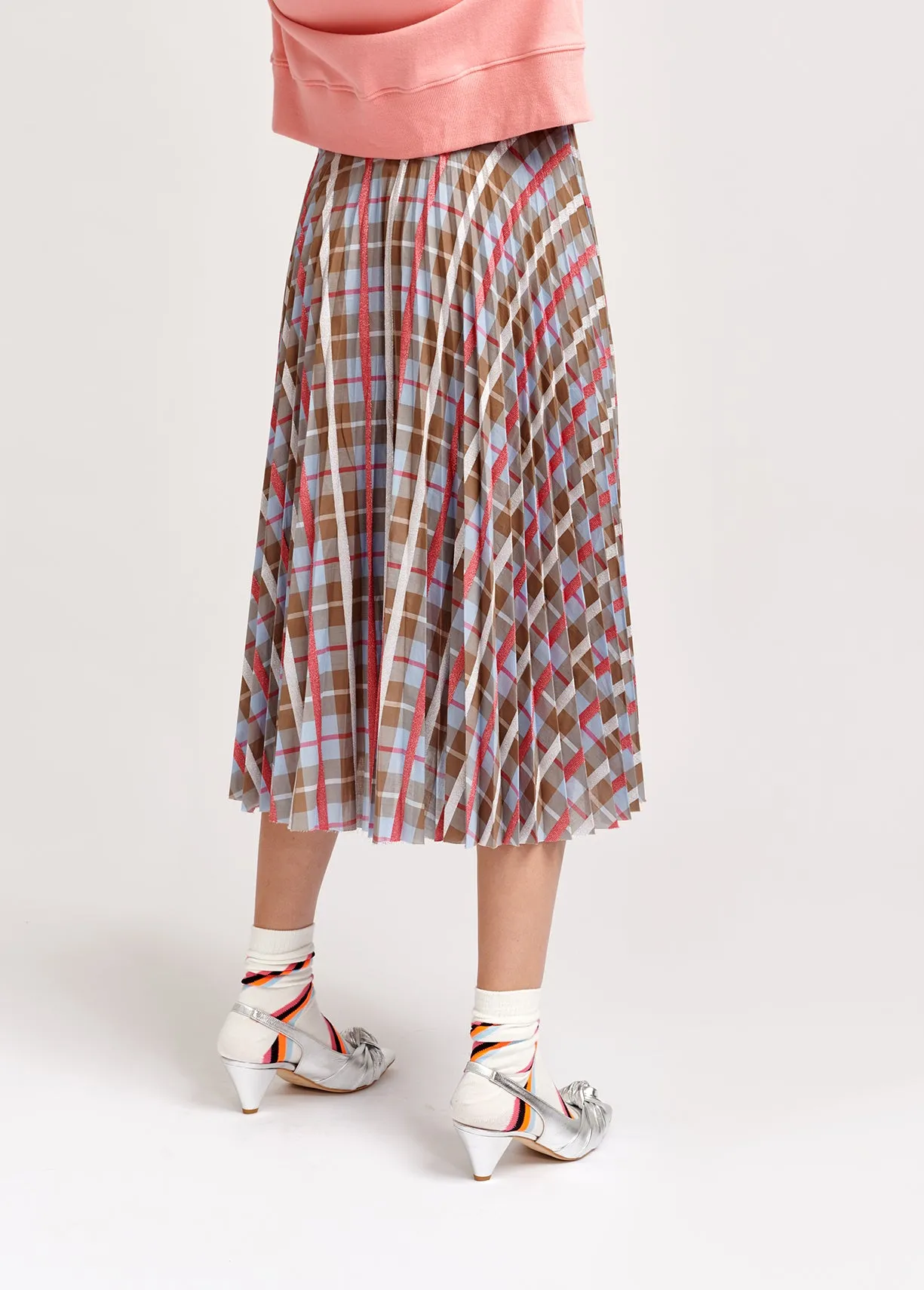 Beige and blue plaid cotton-blend pleated skirt