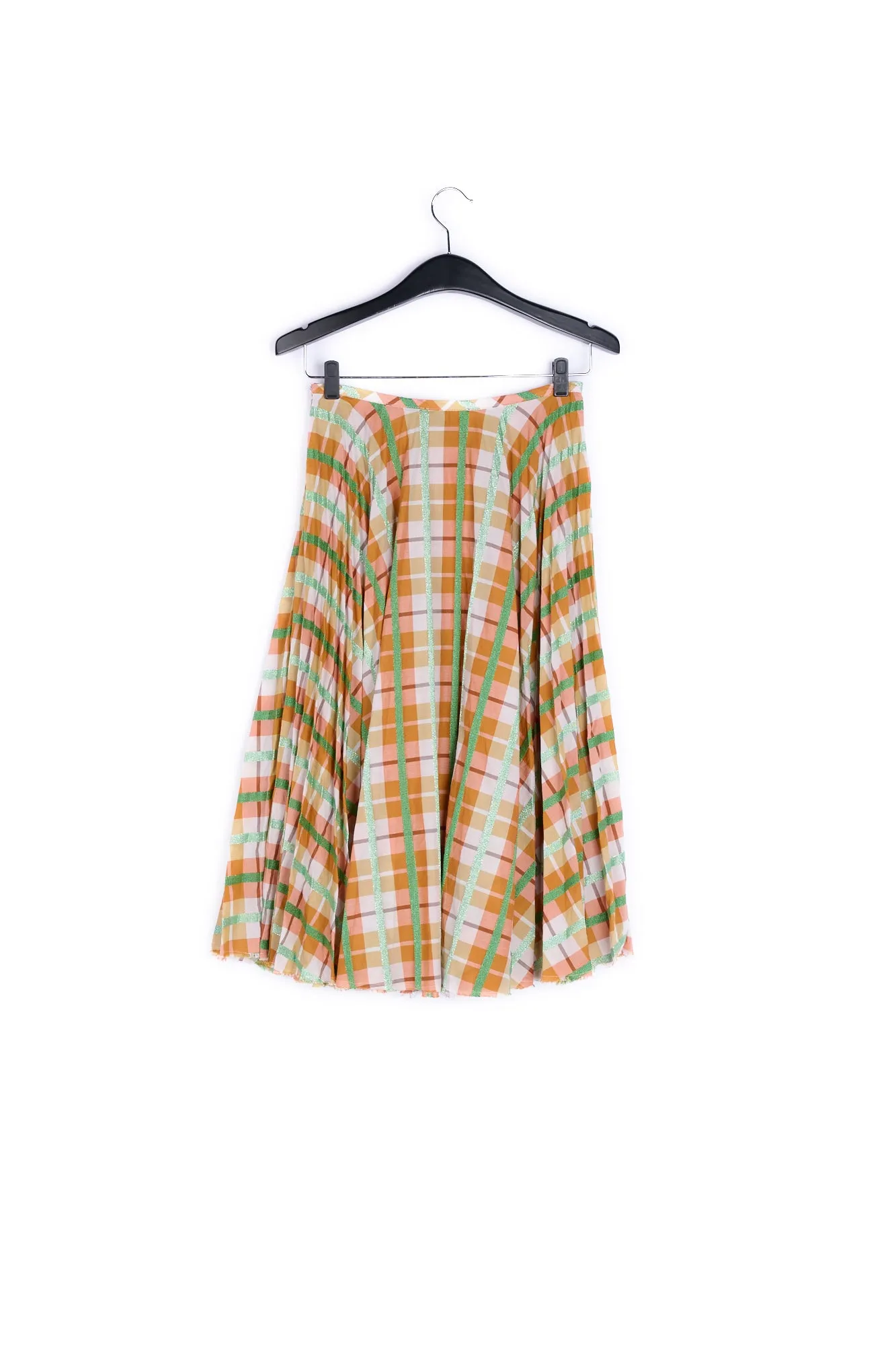 Beige and blue plaid cotton-blend pleated skirt