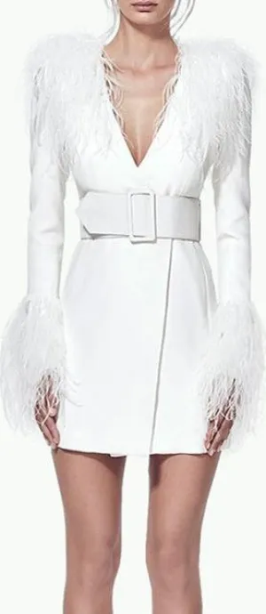 Belted Feather-Trim Blazer-Dress - White or Black