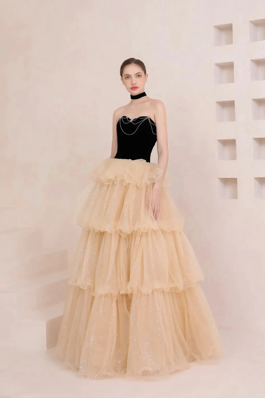 Black and Champagne Tulle Tiered Long Prom Dress, A-Line Sweetheart Formal Evening Dress