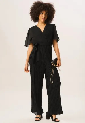 Black Angel Sleeves Pleated Belted Wrap Jumpsuit