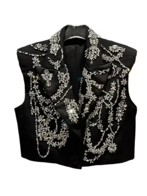 Black Cropped Crystal Stitched Corset Blazer Vest New With Tags