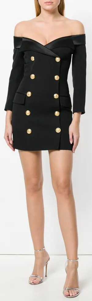 Black Double-Breasted Off-the-Shoulder Blazer-Dress