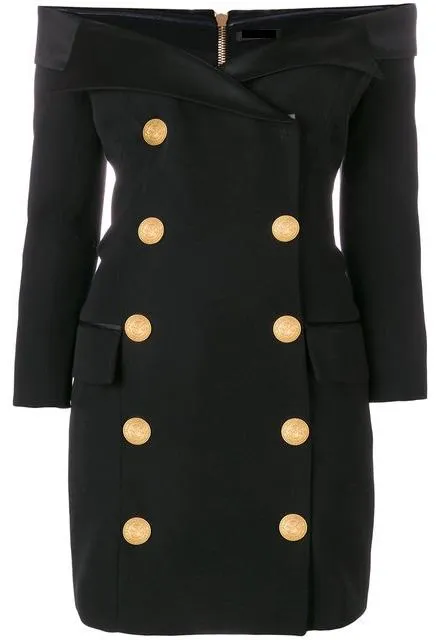 Black Double-Breasted Off-the-Shoulder Blazer-Dress