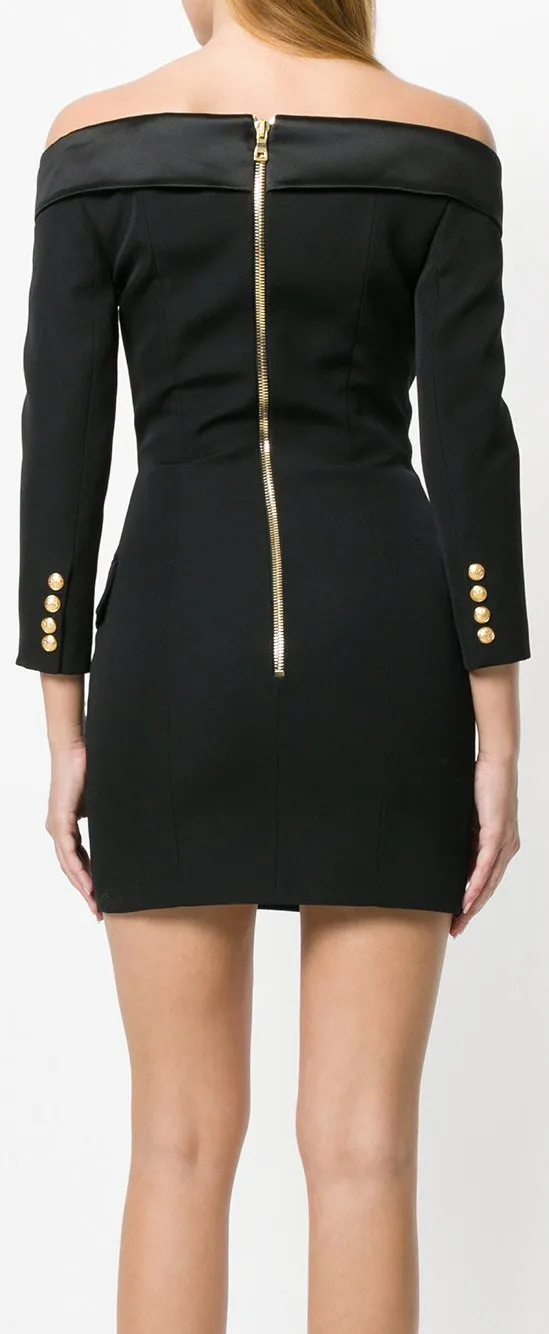 Black Double-Breasted Off-the-Shoulder Blazer-Dress