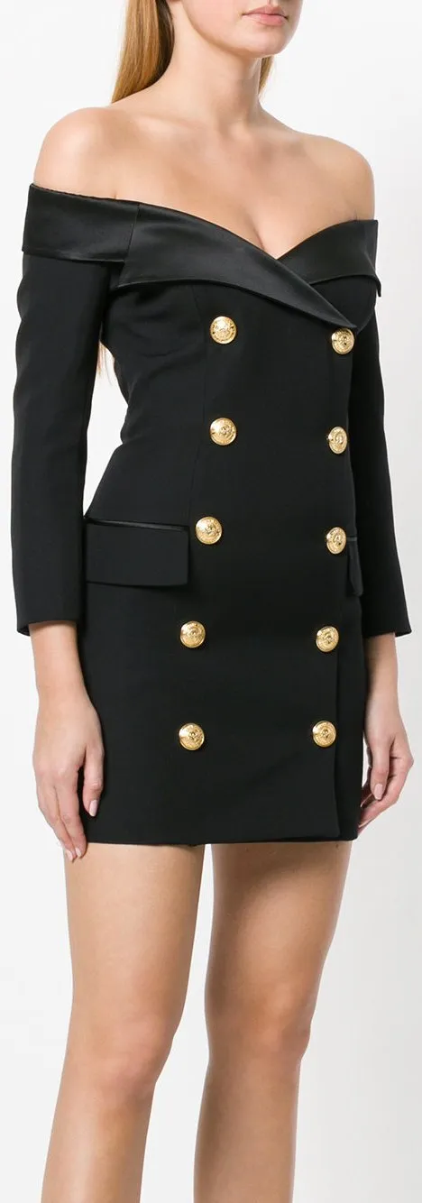Black Double-Breasted Off-the-Shoulder Blazer-Dress