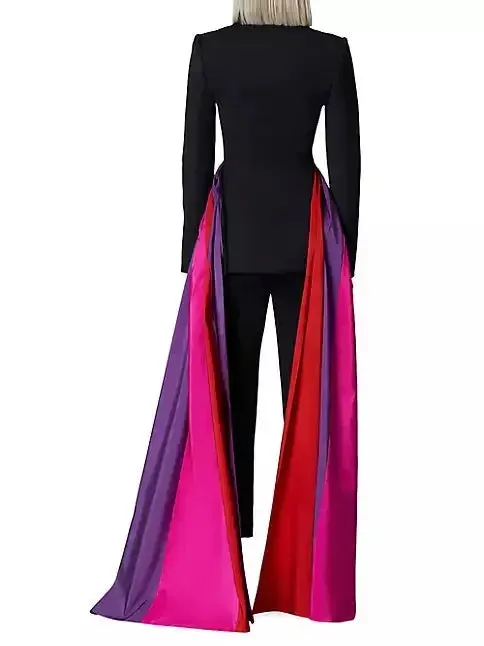 Black Fitted Blazer with Multicolor Paneled Long Sashes