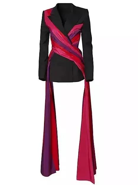 Black Fitted Blazer with Multicolor Paneled Long Sashes