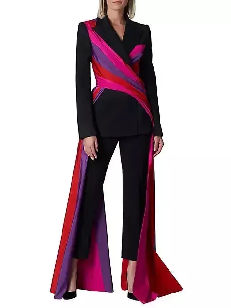 Black Fitted Blazer with Multicolor Paneled Long Sashes