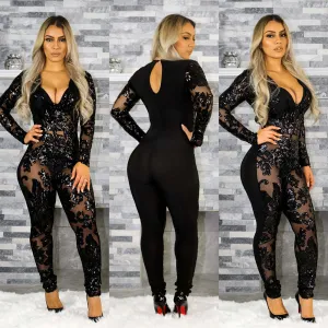 Black Lace Up Long Sleeve Scoop Long Slim Jumpsuit