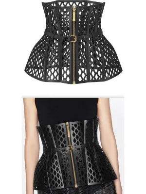 Black Leather Laser Cut-Out Wide Corset Belt