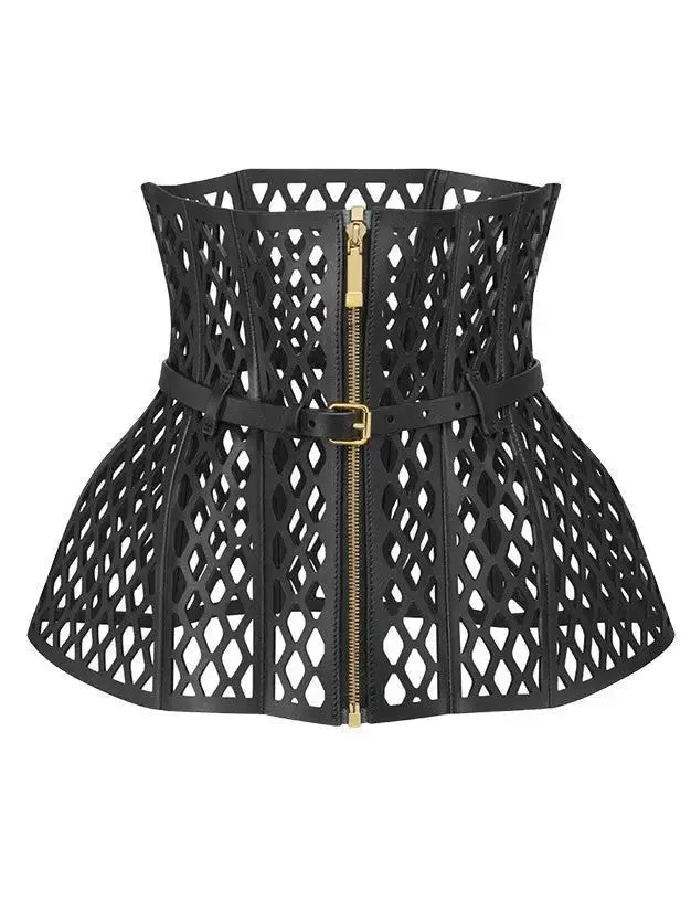 Black Leather Laser Cut-Out Wide Corset Belt